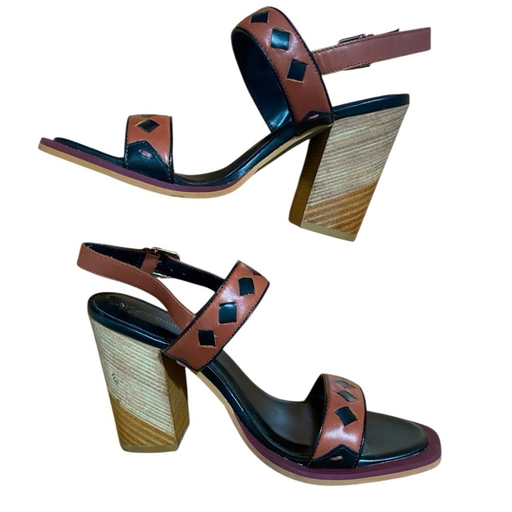 Ted Baker London Colour by Numbers Buckle Brown and Black Block Heeled Sandals